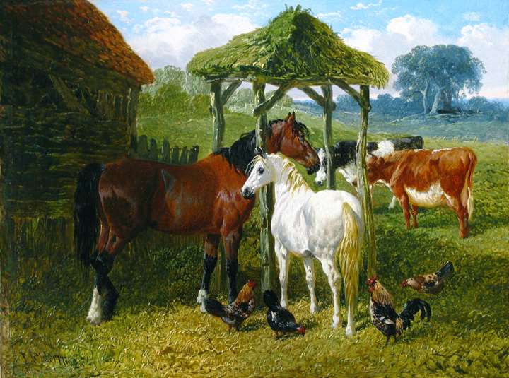 Horses, Cows and Chickens in a Farmyard